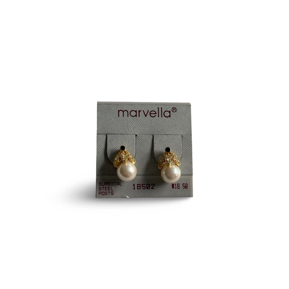 marvella faux pearl stud drop earrings - gold tone rhinestone vintage style